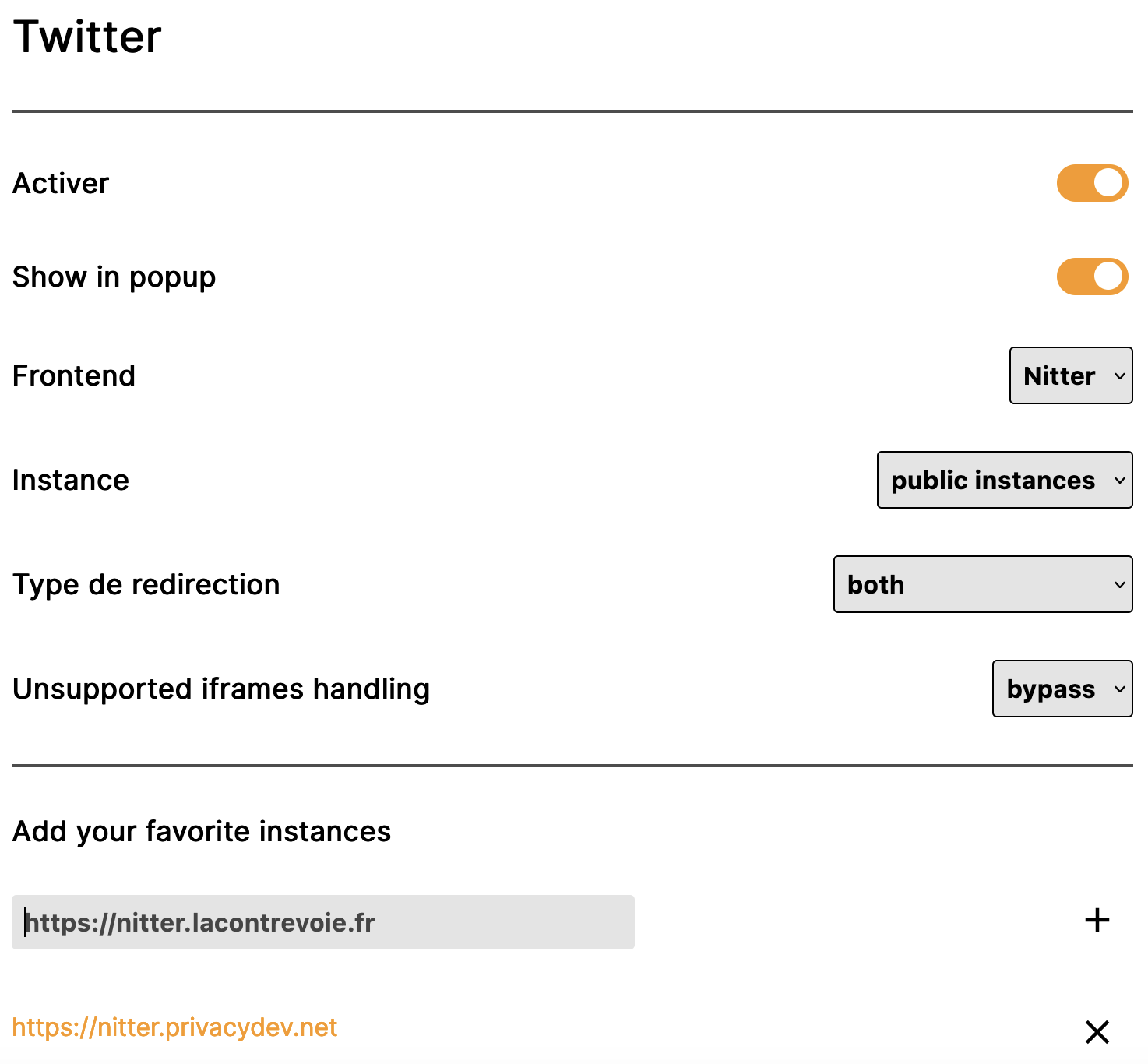 Capture d'écran des paramètres de l'extension pour Twitter